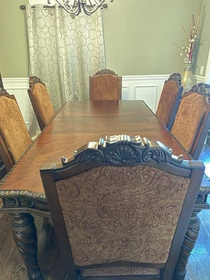 Formal Dining Room Set – Solid Wood 6 Upholstered Chairs + China Cabinet Hutch - Image 1 of 2