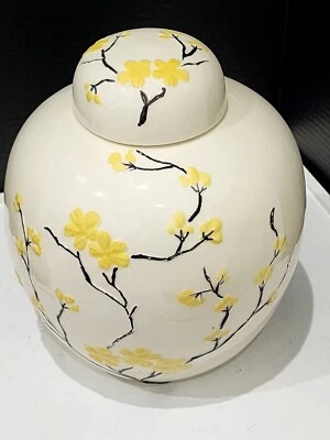 Винтажный китайский горшок ваза имбирь банка с крышкой желтый цветочный дизайн красивый  - Изображение 1 из 4