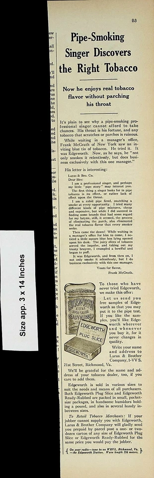 Anuncio impreso vintage 4503 Pipe Smoke Edgeworth Tobacco 1926 Foto 1 de 1