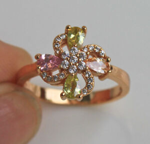 18K Gold Filled - Hollow Flower Colorful Teardrop Pink Zircon Party Ring Size 8