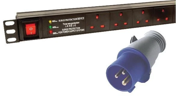 LMS DATA - 1U 12 Way 13A Mains Sockets to 16A Commando Plug Vertical PDU - Image 1 of 1
