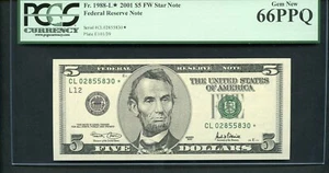 Fr.1988-L* $5 2001 Federal Reserve Note - Star Note - PCGS Gem New 66PPQ - Picture 1 of 2
