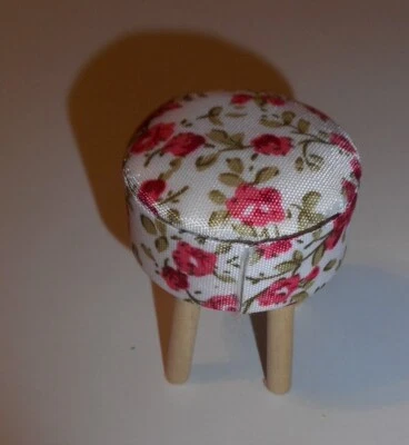 Miniature Dollhouse Vintage Padded Wood Stool 2" High x 1-1/2" diameter - Image 1 of 3