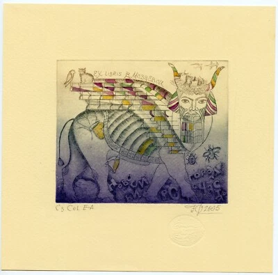 Gravura artística surrealista gato, pássaros, borboleta, ex libris por Yuri Smirnov - Imagem 1 de 2