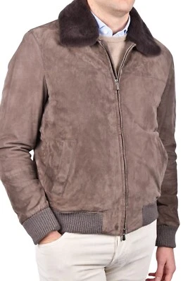 MANDELLI  suede bomber jacket cashmere lined $4900 EU 48 US 38 Taupe Fur collar - Image 1 of 4