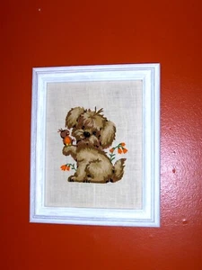 Lovely Puppy Pet Dog Portrait Tiny Birds ORIGINAL Handmade crewel art canvas - Picture 1 of 10