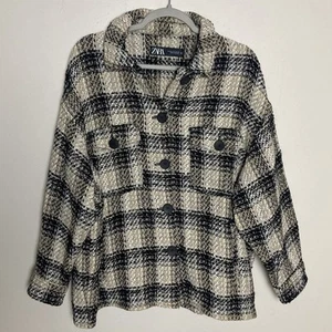 Zara kariertes Tweed Hemdjacke mit Knopfleiste Shacket Damen XXL Taschen - Bild 1 von 7