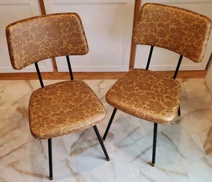VTG 60s Tan & Yellow Floral Vinyl Kitchen Dining Room Chairs Pair Mid-Century - Picture 1 of 14