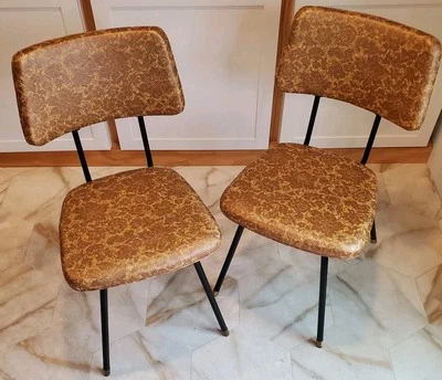 VTG 60s Tan & Yellow Floral Vinyl Kitchen Dining Room Chairs Pair Mid-Century - Image 1 of 4
