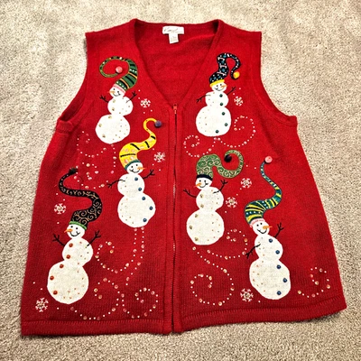 Kim Rogers Mujer L Navidad Muñeco de Nieve Chaleco Rojo Sin Mangas Adornado Vacaciones Foto 1 de 4