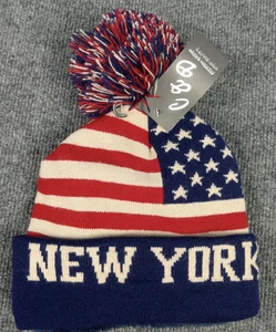 New York Beanie Mütze neu rot weiß und blau Flagge Bommel C&D mit Etikett - Bild 1 von 8