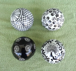 Set of 4 Porcelain Chinoiserie Black & White Carpet Balls- 3" to 3 1/4" Across - Picture 1 of 2