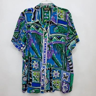 Camisa vibrante abstrata novidade botão frente seda arte vestível Bob Mackie 1X - Imagem 1 de 4