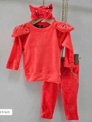 Chicapri Girls Velvet Red Outfit Set With Pearls Bow Headband Size Age 24 Months - Image 1 of 4