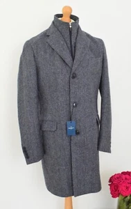 Nuevo abrigo babero HACKETT espiga tweed £875 talla 38L/48L medio largo gris marino - Imagen 1 de 23