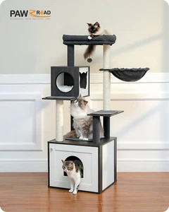Kratzbaum XXL Katzenbaum Holz mit Katzenklo Katzenschrank Katzentoilette 144cm - Bild 1 von 27