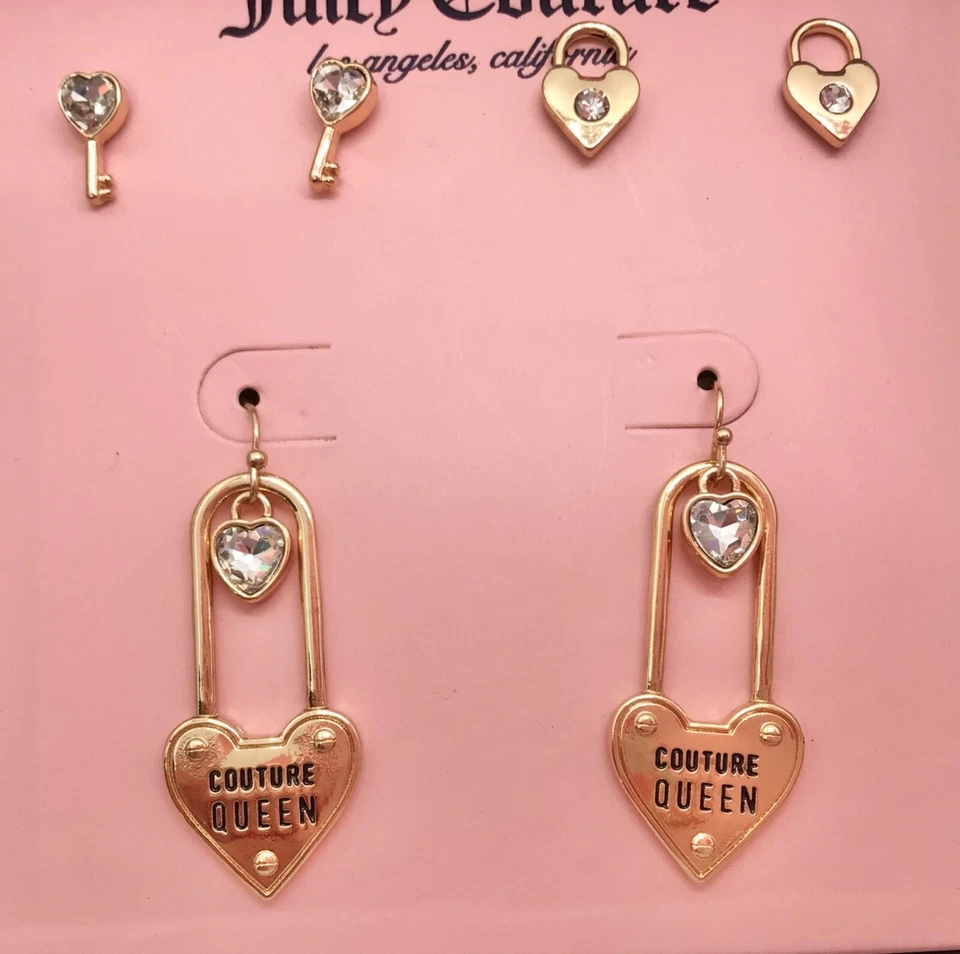 Nuevo Juicy Couture Vidrio Cristal Candado Corazón Gancho Aretes Conjunto 3 Foto 1 de 4
