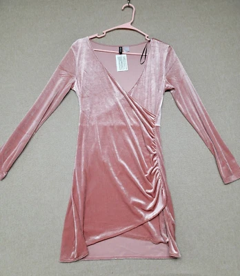 NWT~ DIVIDED H&M Women's Dress Sz 10 Long Sleeve Velour Rose Pink Ruched Stretch - Image 1 of 4