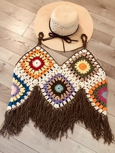 Granny Square Crochet Handmade Bohemian Fringe Cotton Beach Top L/XL - Picture 1 of 6