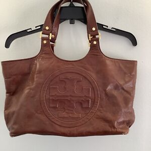 Tory Burch Bombe Glazed Leather Handbag Zip Top Tote Bag Brown