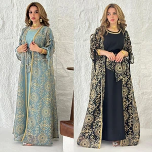 Dubai offener Kaftan Abaya Damen langes Kleid Set muslimischer Kimono Morgenmantel Abendkleid - Bild 1 von 24