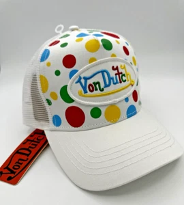 Von Dutch Trucker Hat White Polka Dot Embroidered Logo Patch Snapback Mesh Cap - Picture 1 of 5