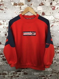 Vintage 90s Reebok Big Logo Red Crew Neck Sweater Size 32 Womens XS Marks Pics - Picture 1 of 10