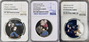 3 2024 Popeye Olive Oyl Brutus 1oz .999 Fiji NGC PF69 UC & Samoa PF70 UC FR - Picture 1 of 7