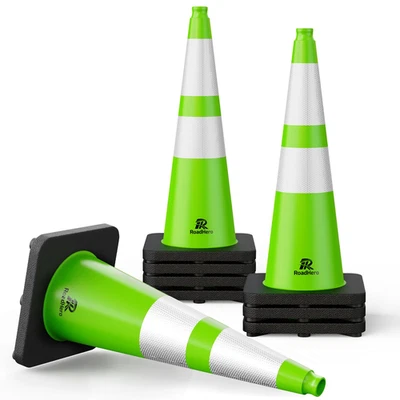 8 Pack Traffic Safety Cones 28 Inch with Black Weighted Base, Plastic PVC Lime G - Image 1 of 4