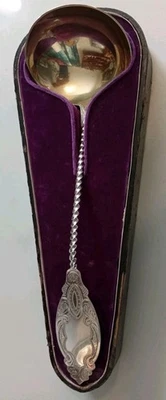 Heavy Very Early American Large Coin Silver 13 Inch Gold wash Ladle With Case. - Image 1 of 4