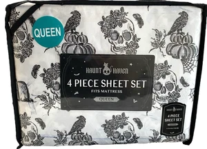 Haunt Haven 4-teiliges Laken Set Königin Totenköpfe Kürbisse Raben Halloween Gothic - Bild 1 von 6