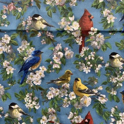 Hautman MHS Cranston pássaros flores de maçã em tecido de algodão azul 3 jardas - Imagem 1 de 4