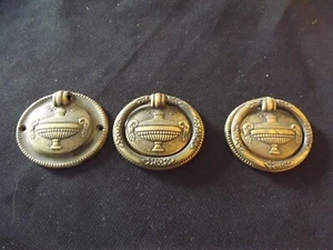 3 VTG Brass Oval Ring French Louis XVI Urn Style Drawer Pulls Hardware - Picture 1 of 4