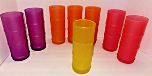8 Vintage MCM Frosted Glass Tumblers Purple Orange Pink Yellow Bamboo Design - Picture 1 of 6