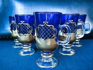 Bohemia glass blue tea, coffee cups decorated gold and enamel, 6 pcs - Picture 1 of 6