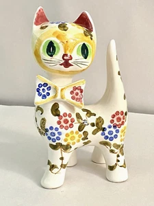 MCM Vintage Ceramic Cat Kitty Figurine Flowers Bow Tie Whimsical - Picture 1 of 13