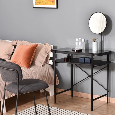Modern Makeup Dressing Table Bedroom Vanity w/ Shelves, Rotating Mirror, Black Cover