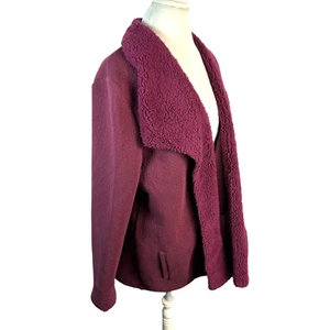 LL Bean Maroon Cable Knit Cardigan Sherpa Lined Open Front Topper Size XL - Picture 1 of 12