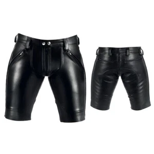 Men's Real Leather Gay Shorts Pockets Double Rear Zip Breeches BLUF Pride - Picture 1 of 5