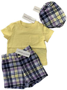 Janie and Jack Boys 3-6 Month Purple Plaid Shorts, Hat, & Yellow T-Shirt Easter