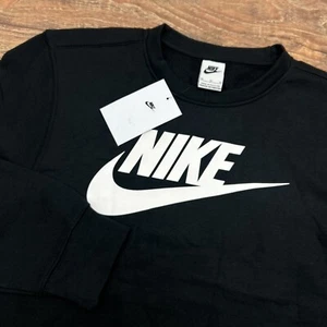 NEW Nike Fleece Men Crewneck Sweatshirt Black Long Sleeve White Swoosh Logo M - Picture 1 of 9
