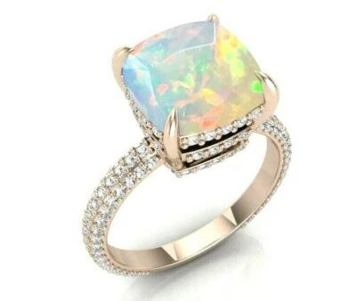 3CT Cushion Cut Lab-Created White Fire Opal Side Stone Engagement Ring in 925 - Image 1 of 4