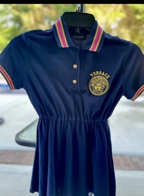 Versace Medusa Logo Short Sleeve Polo Shirtdress Girls 6A Navy/Gold Buttons - Image 1 of 4