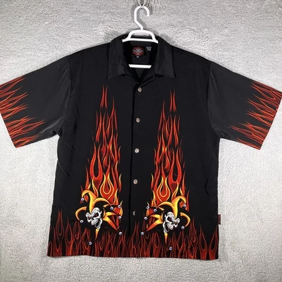 VTG Dragonfly Roadhouse Skull Jesters Fire Flames Bowling Shirt Mens 2XL Biker - Image 1 of 4