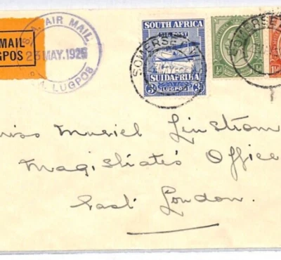 Cubierta de correo aéreo de Sudáfrica 1925 Somerset West East London {samwells} YJ141 Foto 1 de 4