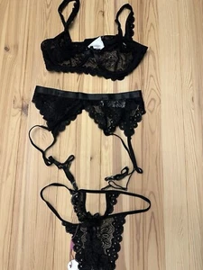 Lace Garter Lingerie Set with Underwire Push Up Large Black-with Underwire - Picture 1 of 6