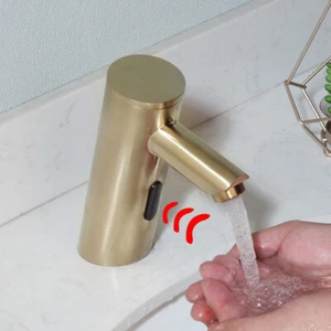 Brushed Gold Bathroom Basin Automatic Hand Touch Free Sensor Deck Mounted Tap - Picture 1 of 6