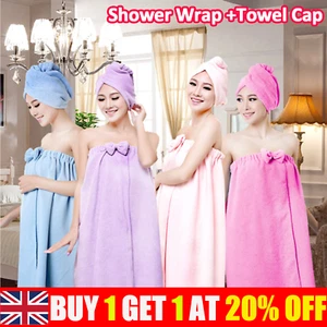 Bowknot Bath Robe Towel+Shower Cap Shower SPA Body Wrap Bath Dress Sleepwear NEW - Picture 1 of 16