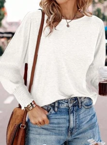 SOLD Womens White Cotton Blend Long Sleeve Basic Loose Fit Tee XL - Picture 1 of 7