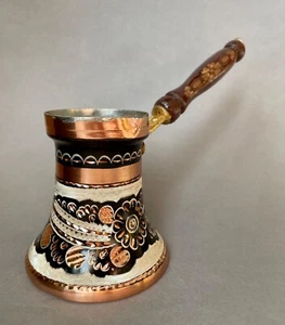 Hand Engraved Turkish Copper Coffee Pot 230ml, Floral Wooden Handle - Picture 1 of 9
